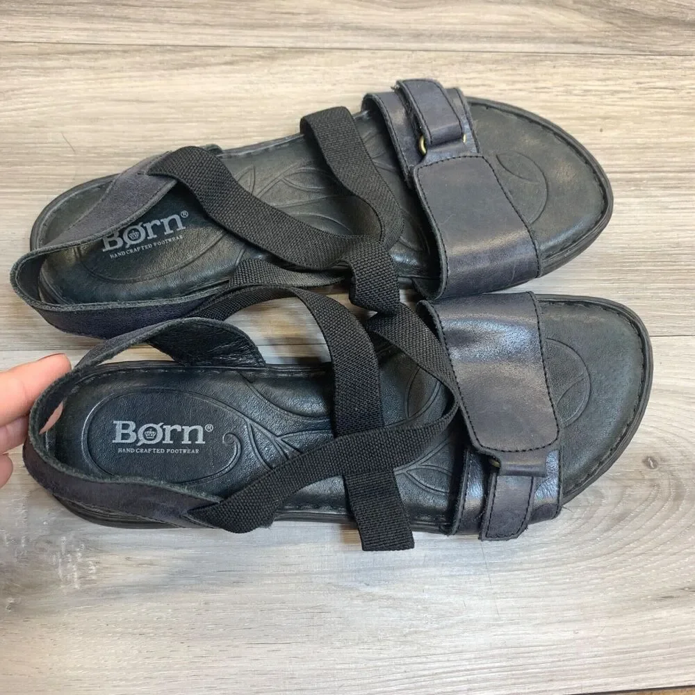 Womens Born Britton Black Navy Leather Criss Cross Strap Comfort Sandal Size 8 M